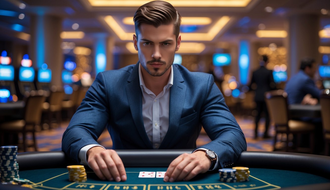 Seorang pria duduk di meja blackjack di kasino, fokus pada kartu dan tumpukan chip di depannya.