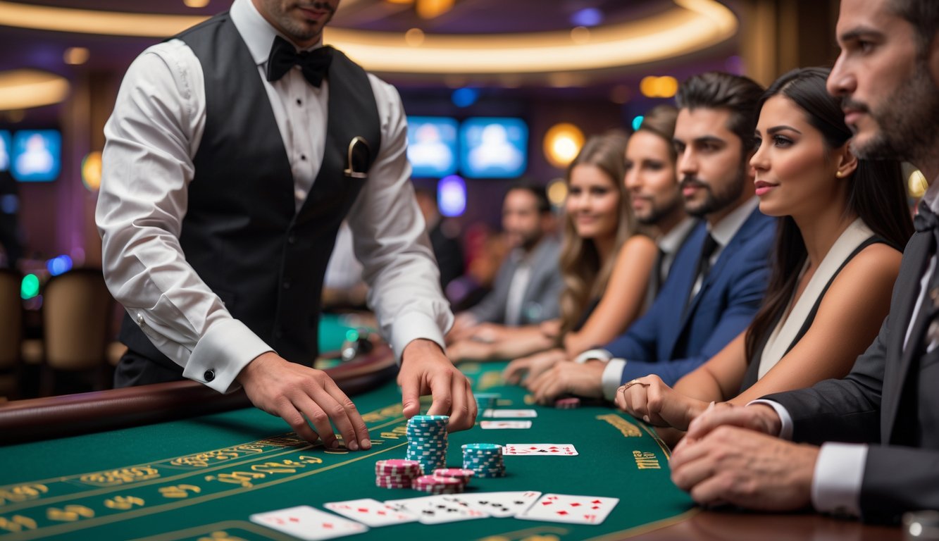 Seorang dealer membagikan kartu blackjack di meja hijau dengan beberapa pemain yang serius memperhatikan permainan di sebuah kasino.