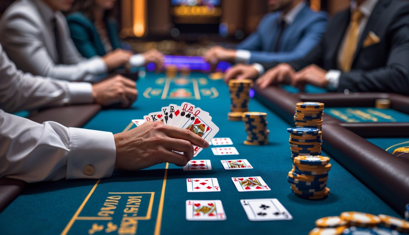 Meja blackjack di kasino dengan kartu dan chip yang tersusun rapi, seorang pemain sedang membuat keputusan strategis.