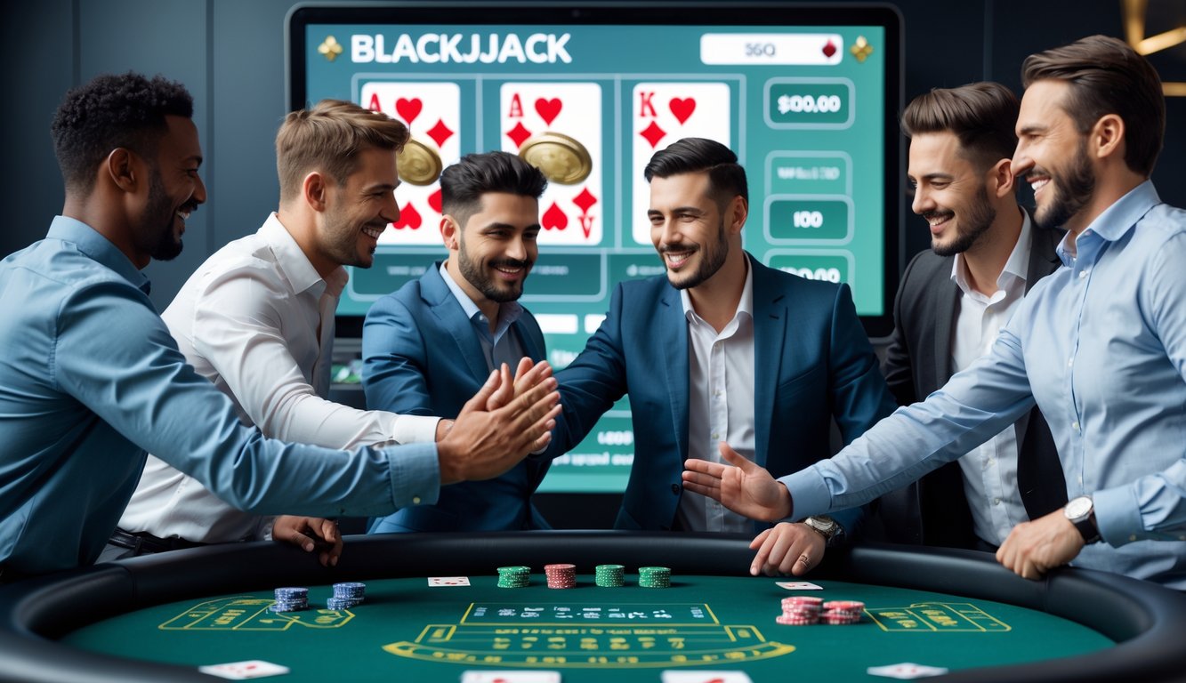 Sekelompok pria merayakan kemenangan blackjack di meja permainan dengan layar digital di latar belakang.