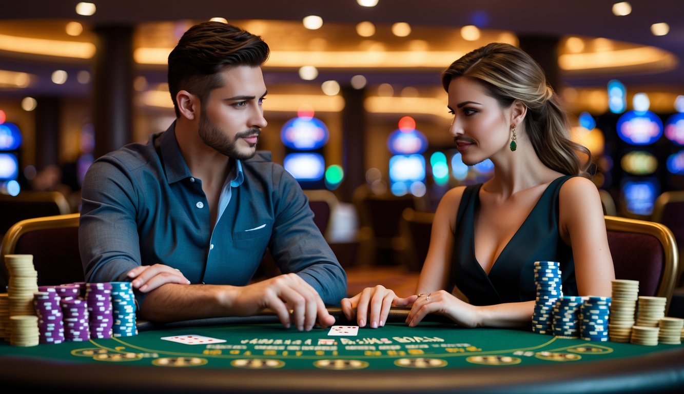Seorang pria dan wanita duduk di meja blackjack di kasino, fokus dan berdiskusi sambil bermain kartu.