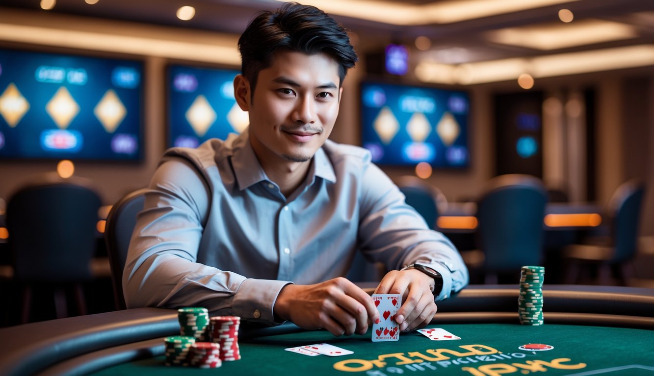 Seorang pria muda duduk di meja poker dengan kartu dan chip poker di kasino.