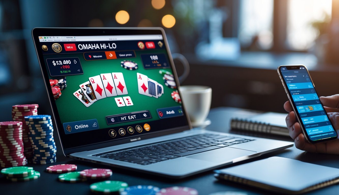 Seorang pemain duduk di depan komputer dengan tampilan permainan poker Omaha Hi-Lo online, dikelilingi chip poker dan kartu bermain.