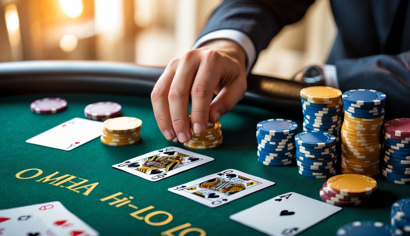 Meja poker dengan kartu dan tumpukan chip, tangan pemain sedang memasang taruhan.