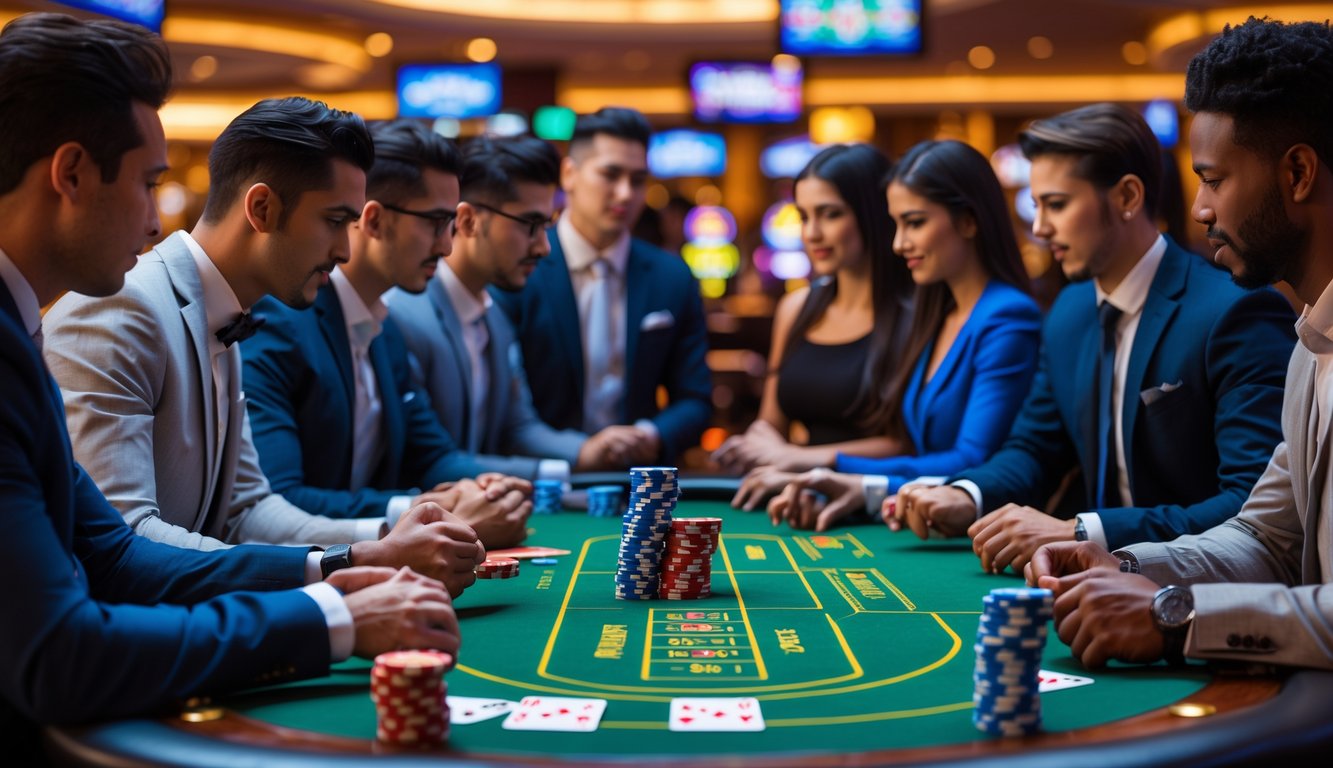 Sekelompok pemain poker sedang bermain di meja dengan kartu dan chip di kasino yang mewah.