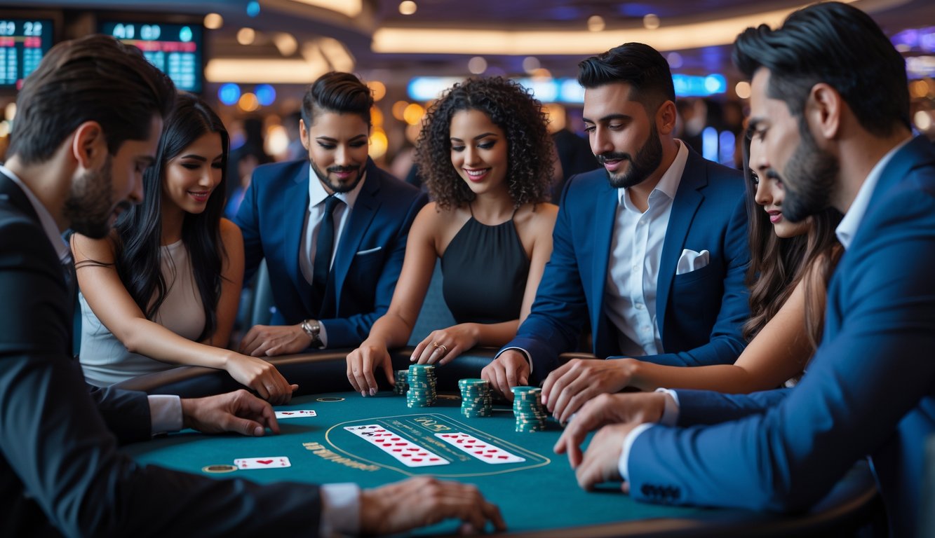 Sekelompok orang bermain poker Omaha Hi-Lo di meja kasino dengan kartu dan chip taruhan.