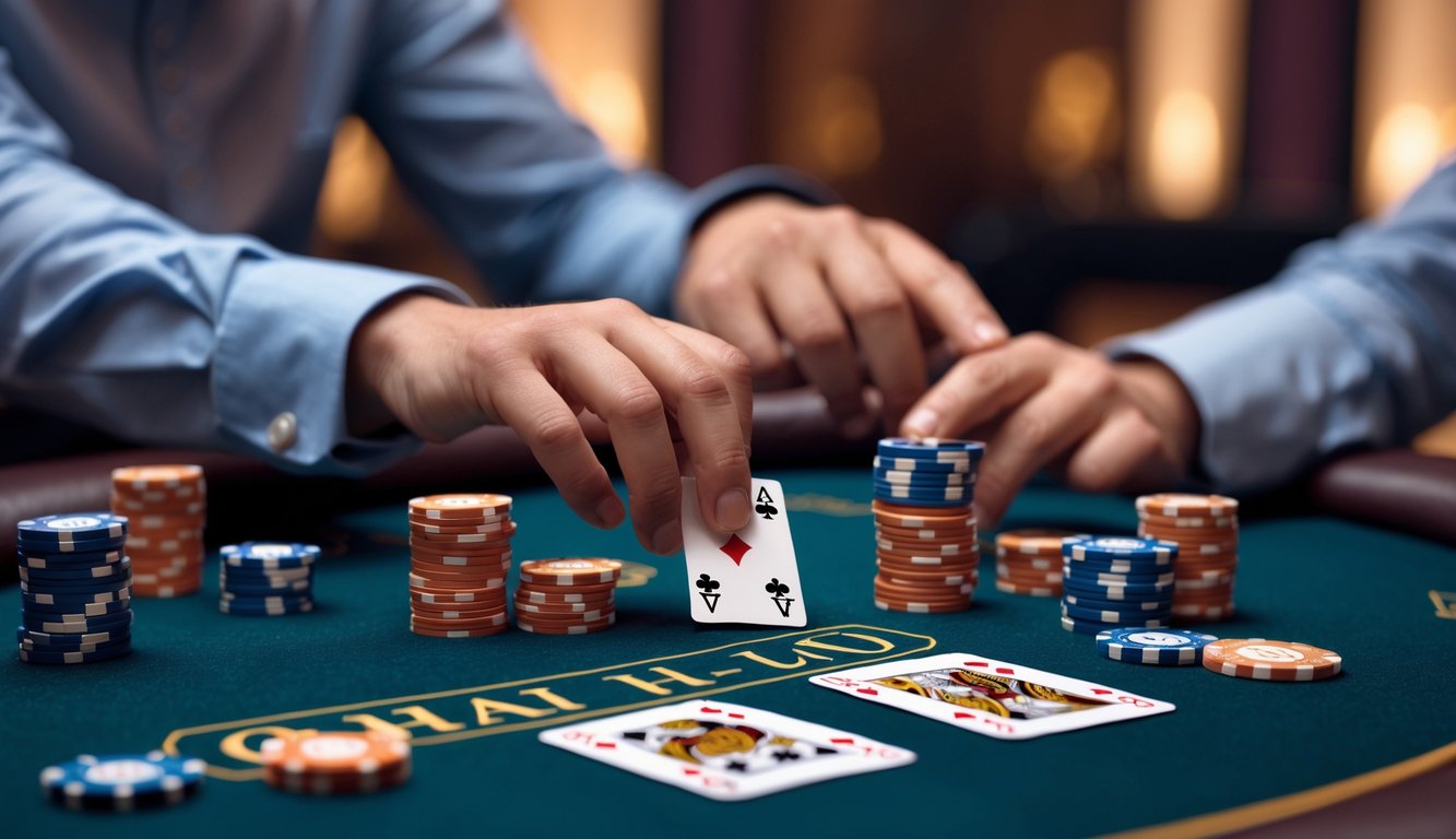 Seorang pemain sedang bermain kartu Omaha Hi-Lo di meja kasino dengan chip poker dan kartu terlihat jelas.