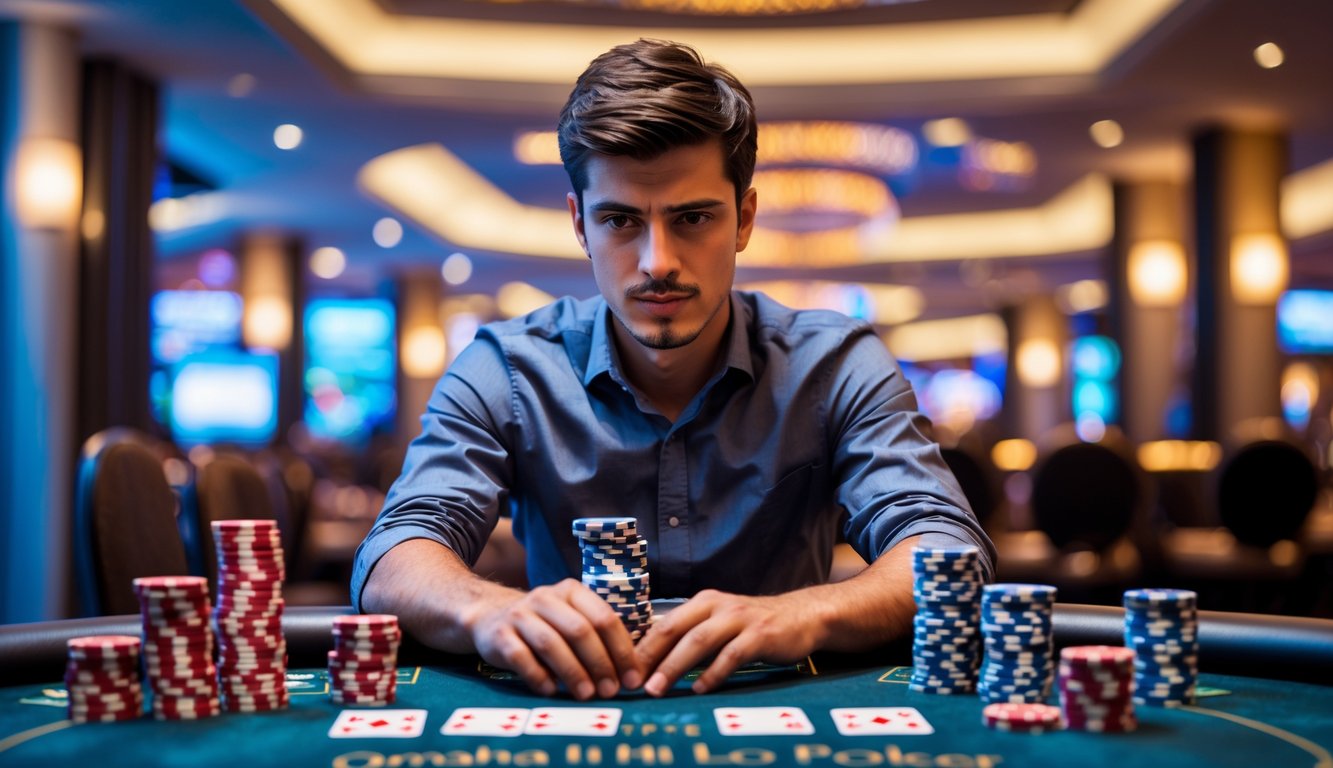 Seorang pria muda duduk di meja kasino dengan tumpukan chip poker dan kartu di tangan, tampak fokus bermain Omaha Hi-Lo.