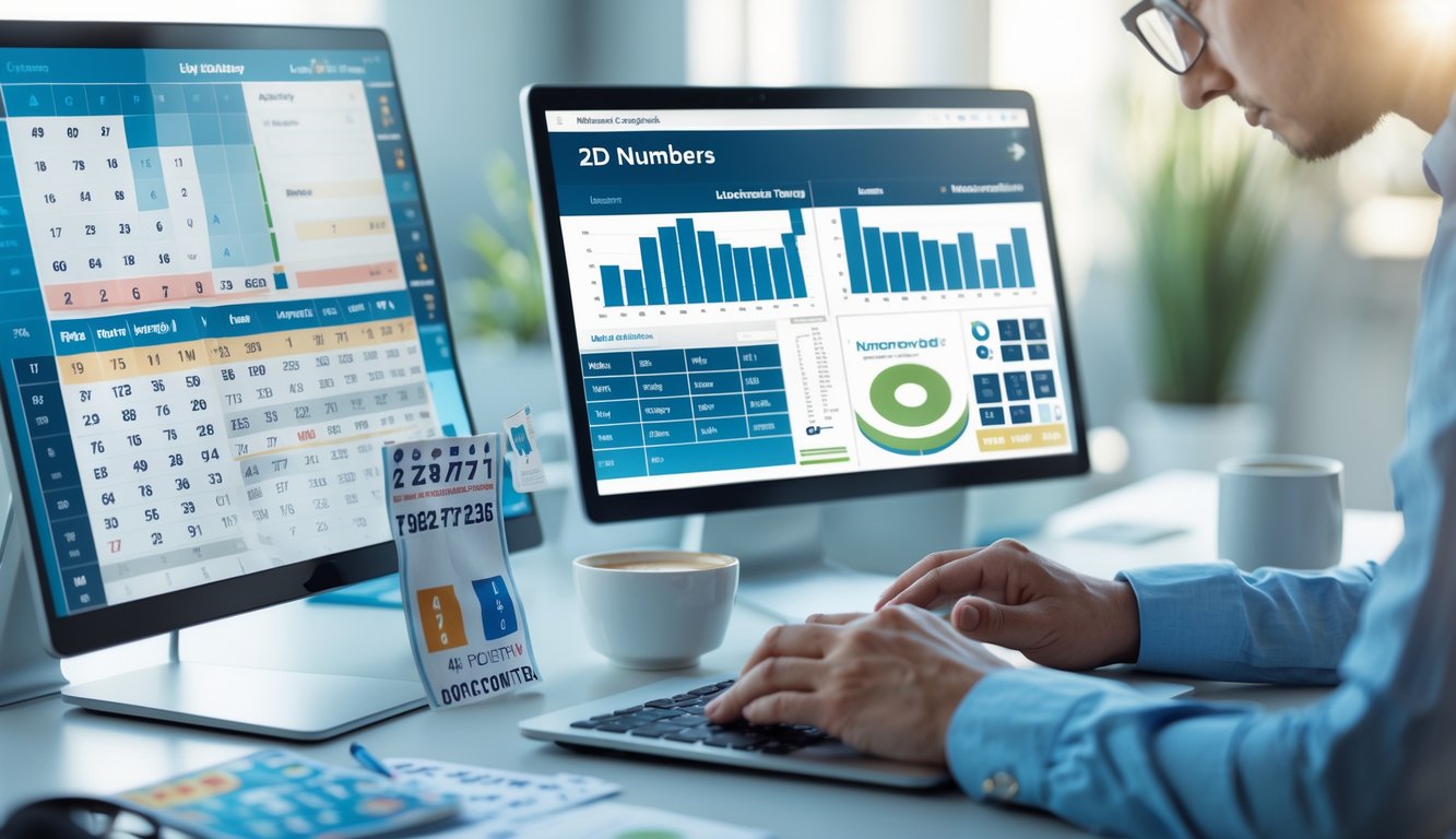 Seseorang sedang bekerja di depan komputer dengan grafik dan data angka di layar, di meja terdapat buku catatan dan alat tulis.