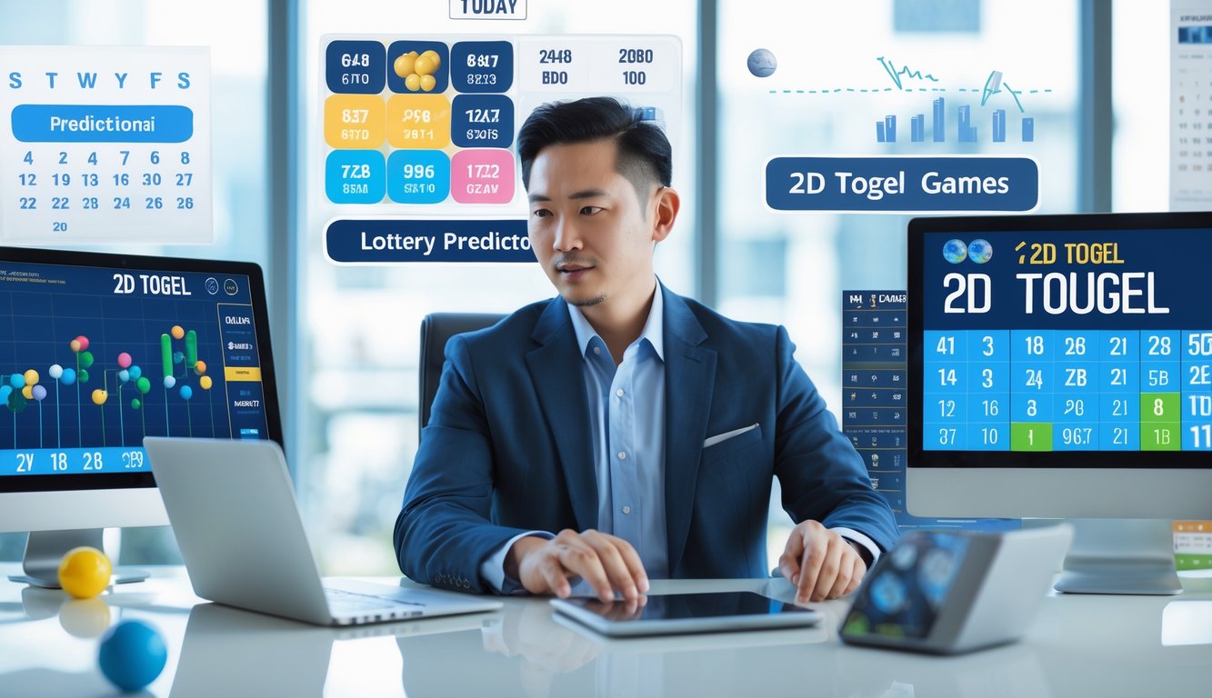 Seorang pria duduk di meja modern dengan beberapa layar digital menampilkan grafik dan angka prediksi togel 2D, sedang fokus menganalisis data menggunakan laptop dan ponsel di kantor yang terang.