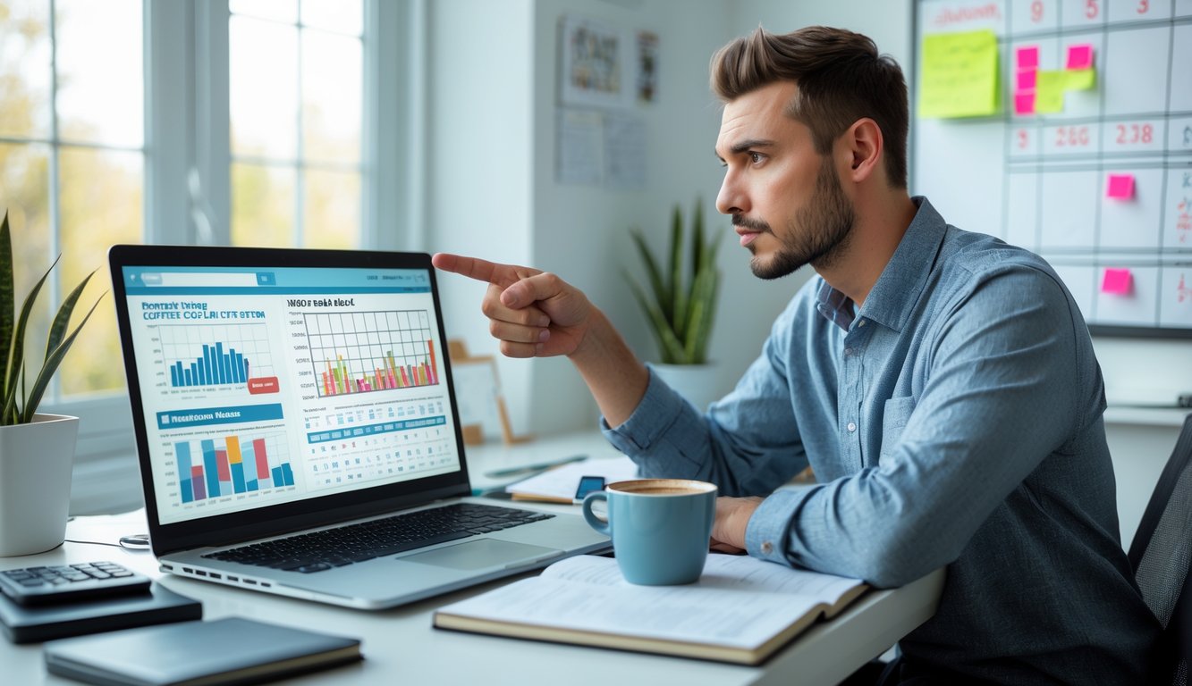 Seorang pria muda duduk di meja kerja dengan laptop dan alat tulis, sedang menganalisis data prediksi togel.