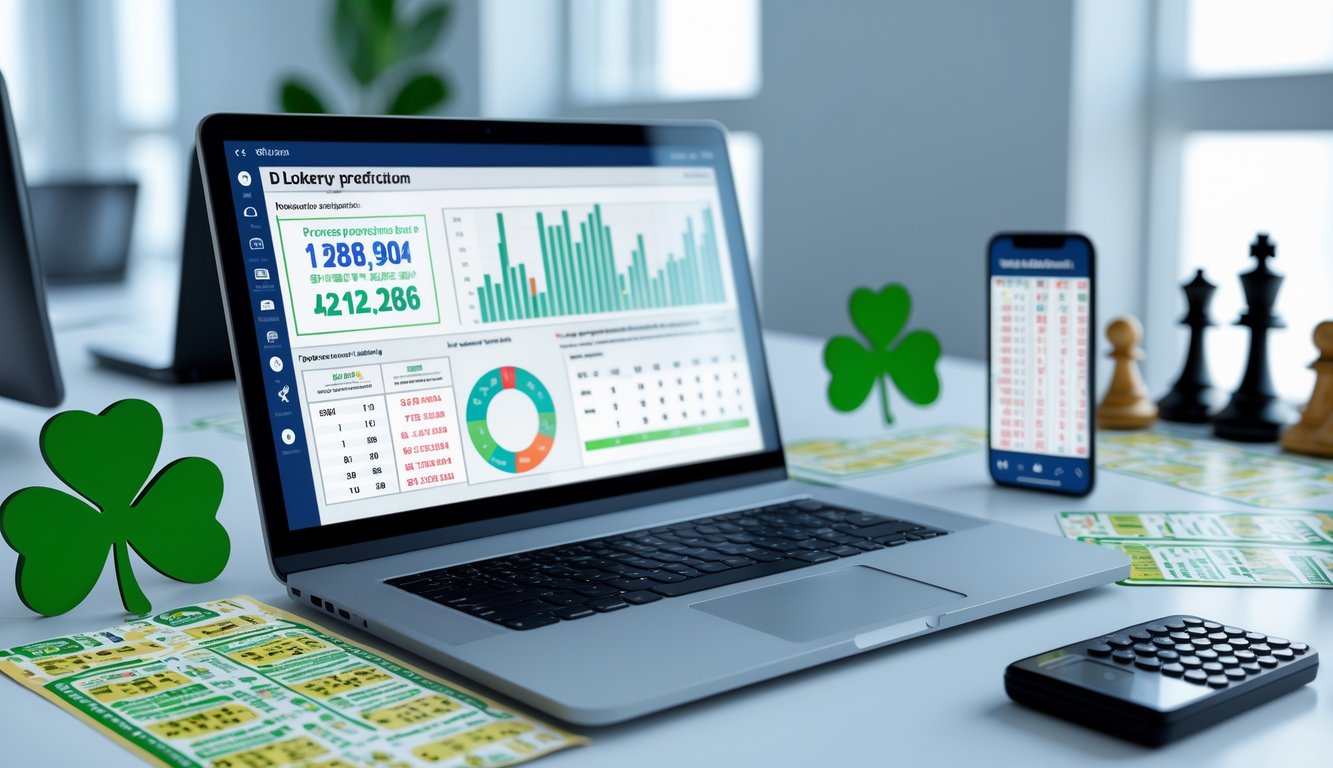 Meja kerja dengan laptop, tiket lotre, kalkulator, dan ponsel yang menampilkan data prediksi togel 2D dan statistik kemenangan.