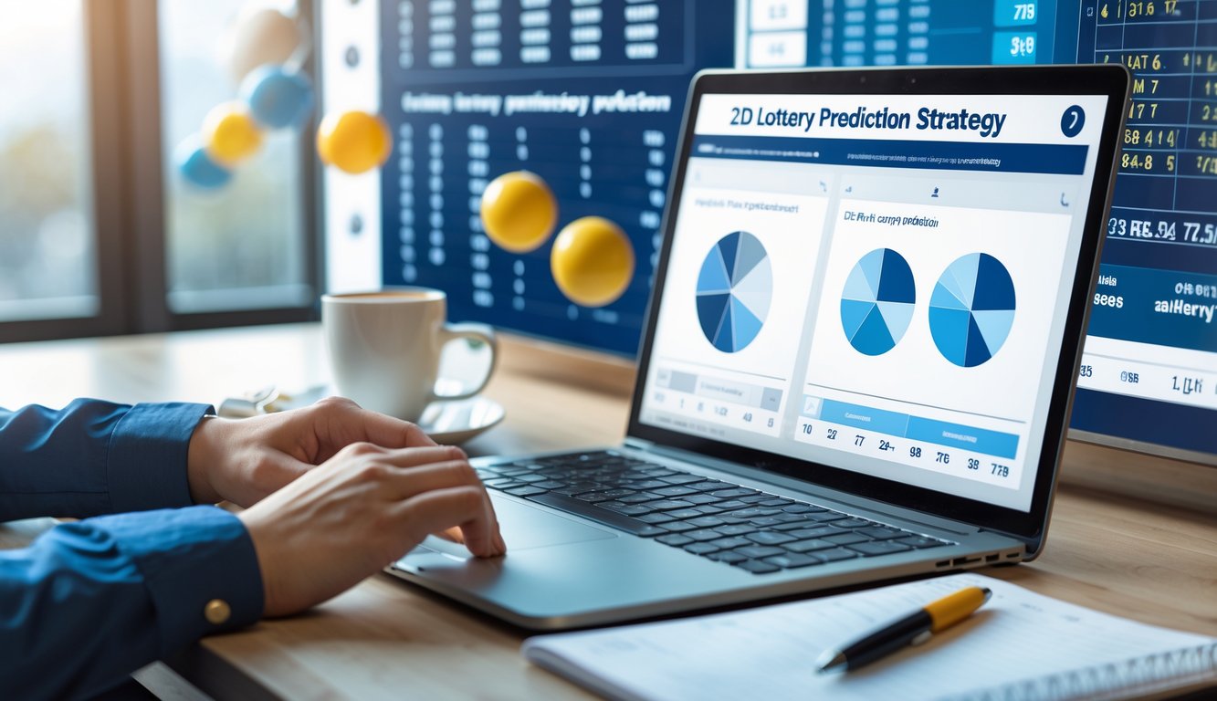 Seorang individu sedang menganalisis data togel 2D di depan laptop dengan catatan dan alat tulis di meja kerja.