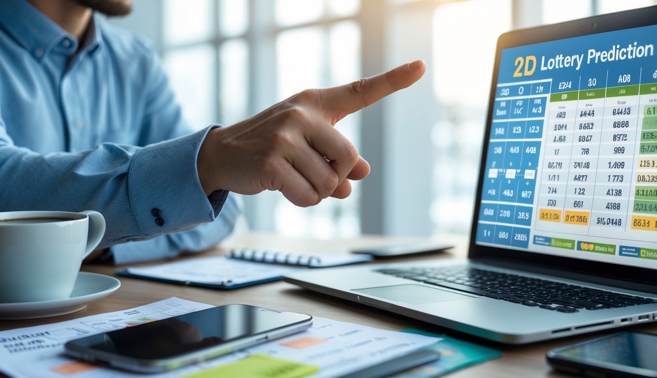 Seseorang sedang menganalisis strategi prediksi togel 2D online di depan laptop dengan catatan dan ponsel di meja.