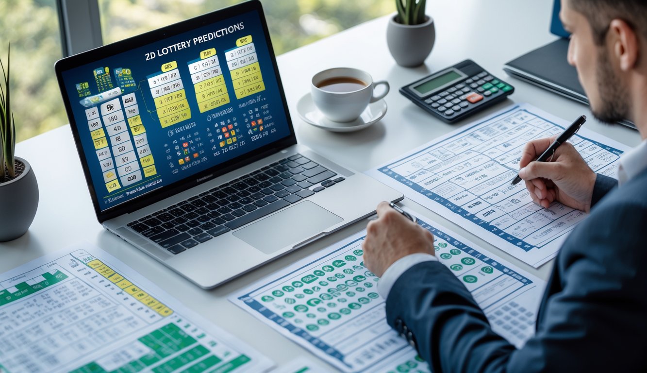 Seseorang sedang menganalisis data togel 2D di meja kerja dengan laptop, kertas catatan, dan alat tulis.