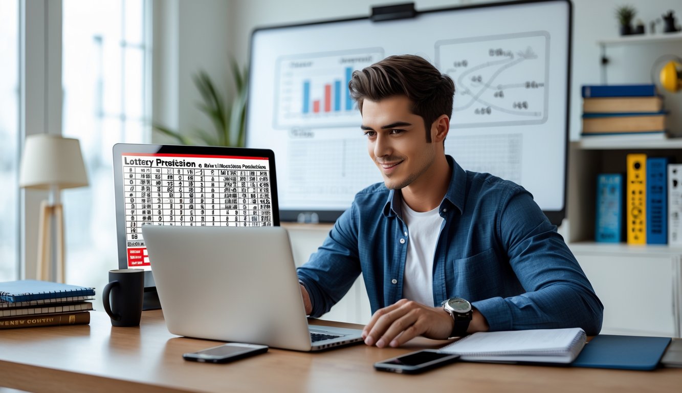 Seorang pria muda duduk di meja dengan laptop dan alat tulis, fokus mempelajari strategi prediksi togel.