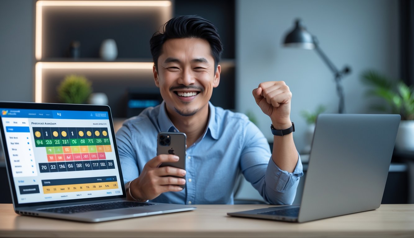 Seorang pria Asia tersenyum dan merayakan kemenangan sambil duduk di meja kerja dengan laptop dan ponsel di tangan.