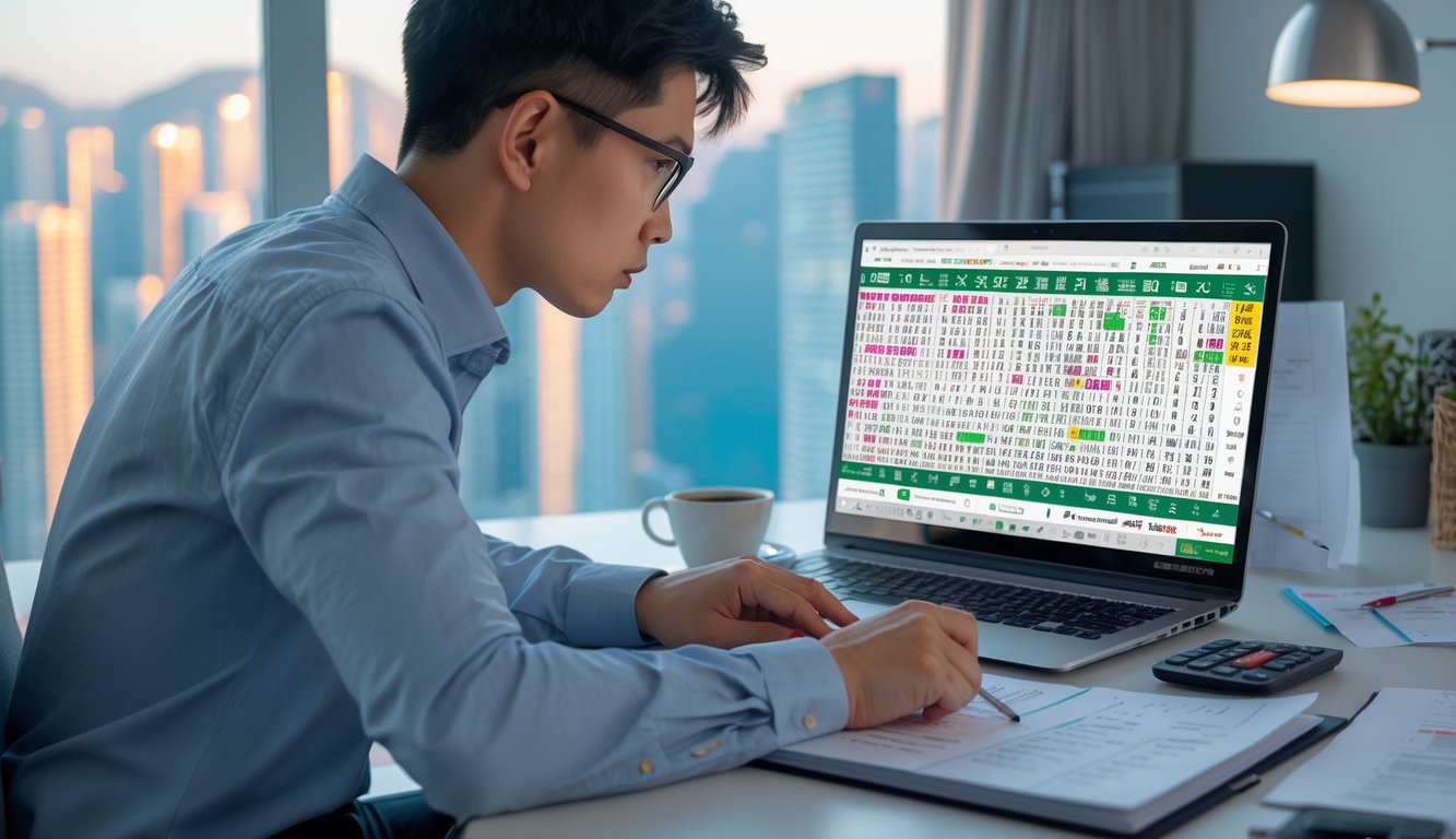 Seorang dewasa muda sedang duduk di meja kerja dengan laptop dan alat tulis, fokus menganalisis angka togel di ruang kerja dengan pemandangan kota Hong Kong di latar belakang.