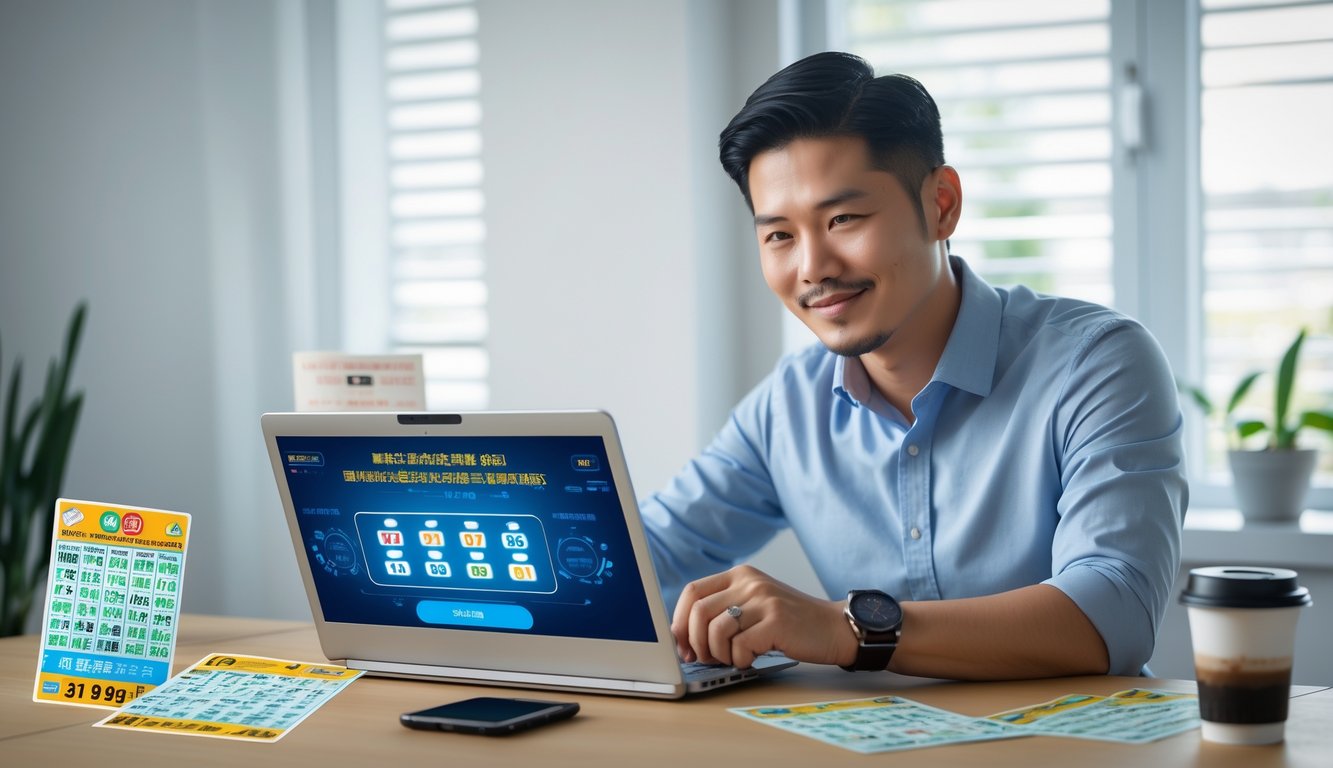 Seorang pria Asia Tenggara duduk di meja dengan laptop terbuka, tampak fokus dan tersenyum, di ruang kerja yang terang dan rapi.