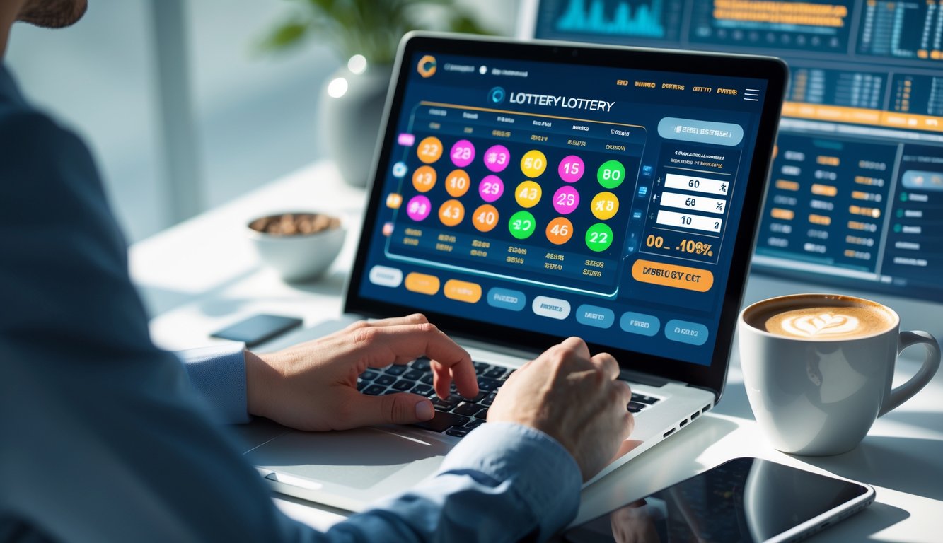 Meja kerja modern dengan laptop dan ponsel yang menampilkan antarmuka togel online, serta tangan seseorang yang sedang berinteraksi dengan perangkat tersebut.