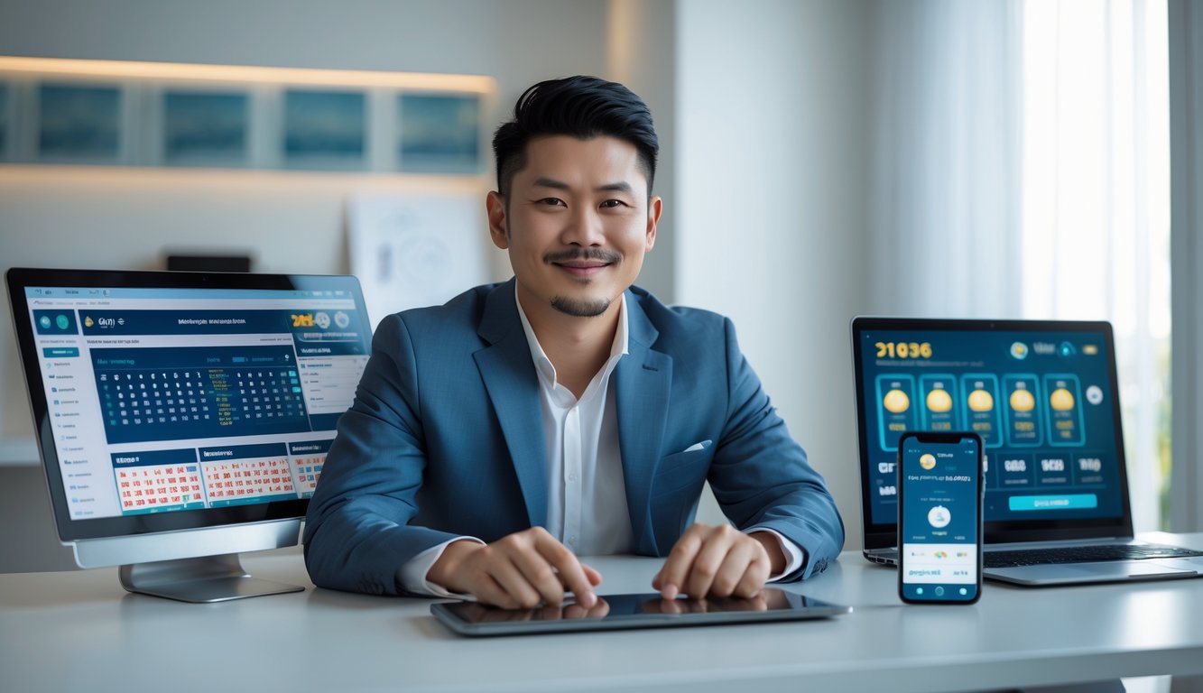 Seorang pria Asia Tenggara duduk di meja dengan laptop dan ponsel, tersenyum dan terlihat percaya diri di ruang kerja yang terang.