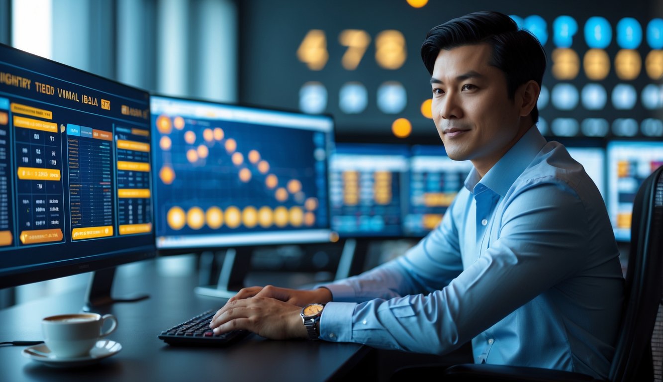 Seorang pria Asia duduk di meja kantor modern sambil melihat layar komputer yang menampilkan grafik dan angka terkait togel online.