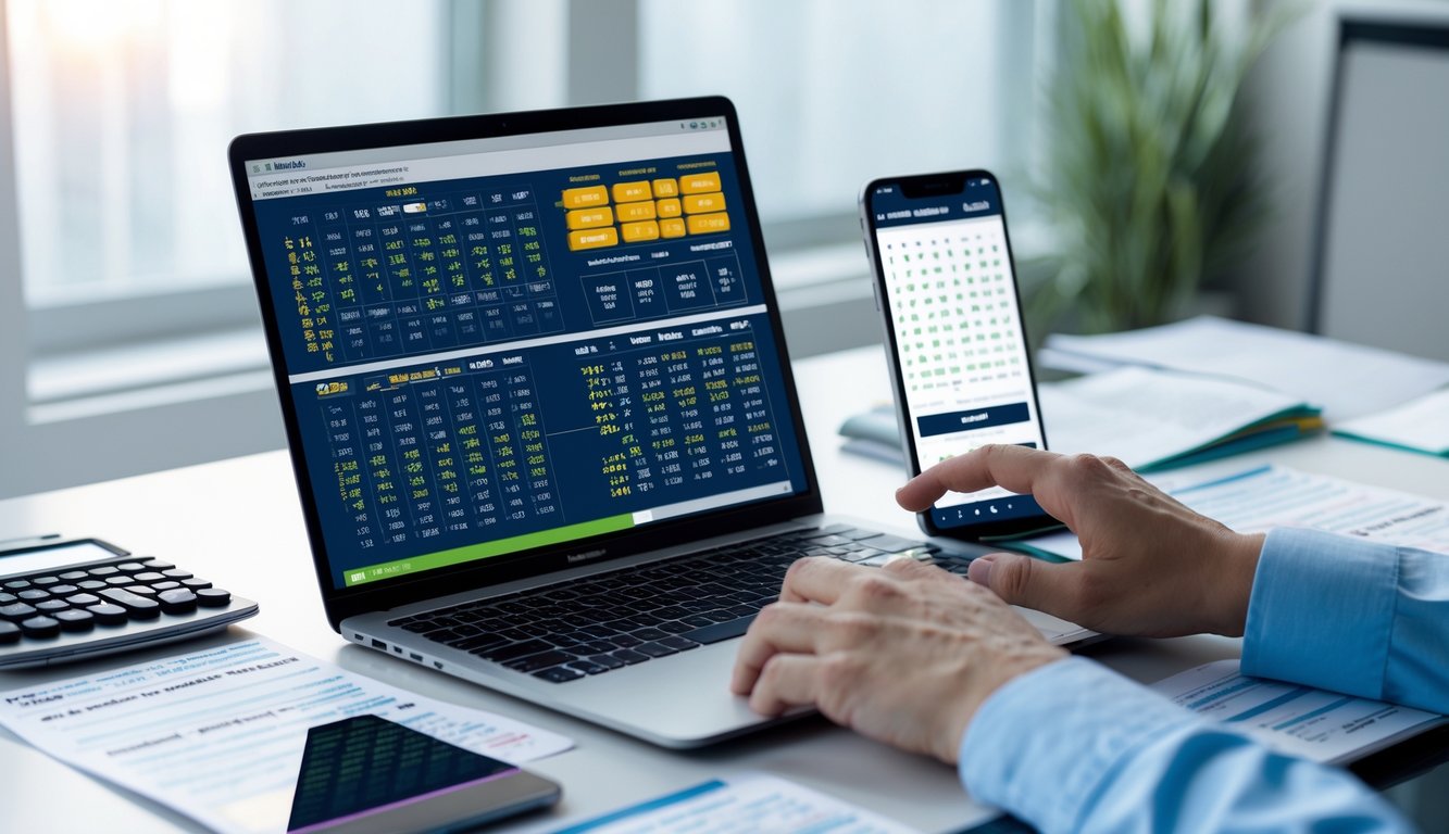 Seseorang sedang menganalisis data angka di laptop dengan alat tulis dan ponsel di meja kerja yang rapi.