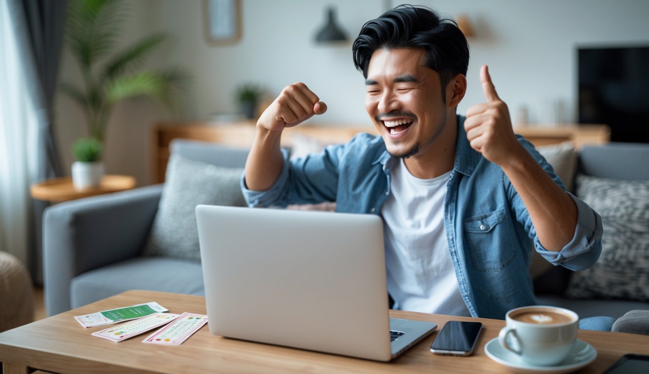 Seorang pria Asia tersenyum gembira duduk di ruang tamu sambil menggunakan laptop dan merayakan kemenangan judi togel online.