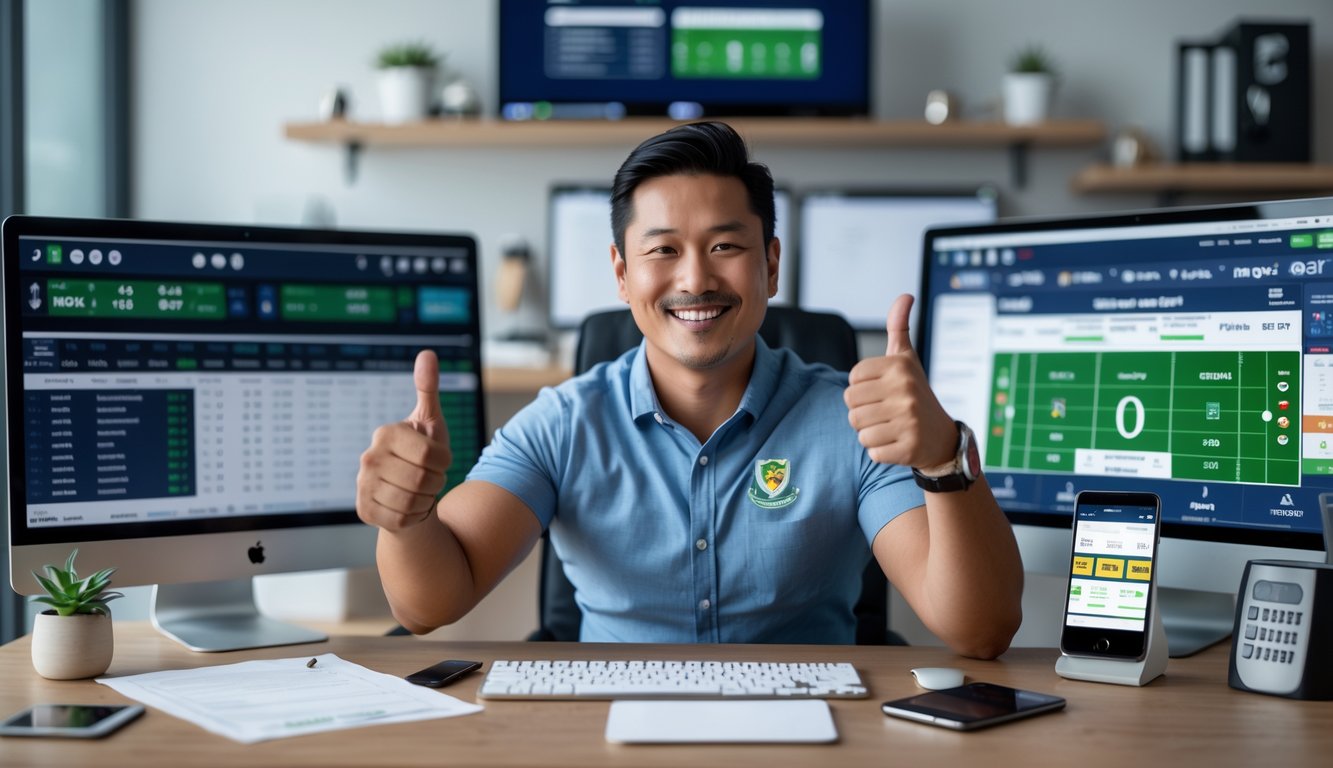 Seorang pria Asia Tenggara duduk di meja dengan beberapa layar yang menampilkan pertandingan rugby dan statistik taruhan, tersenyum dan mengacungkan jempol di ruang kerja rumah yang rapi.