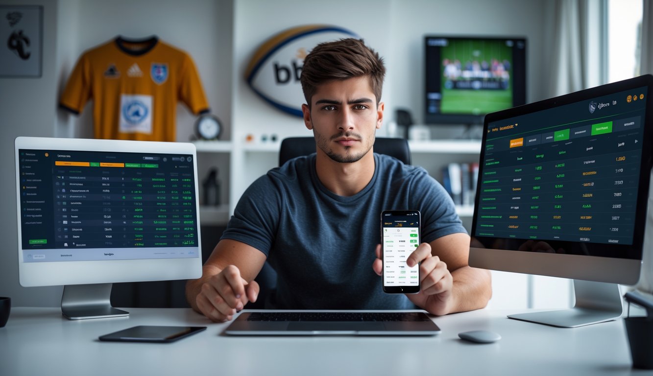 Seorang pria muda duduk di meja dengan beberapa perangkat digital yang menampilkan statistik pertandingan rugby dan peluang taruhan, terlihat fokus dan serius.