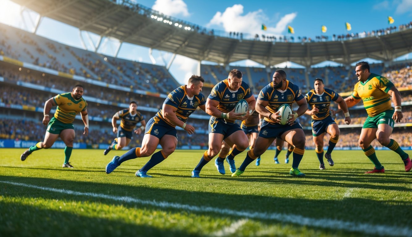 Pertandingan rugby yang intens dengan pemain beraksi di lapangan hijau dan penonton yang bersorak di stadion.
