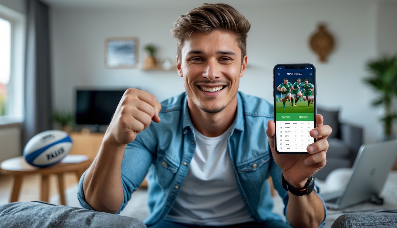 Seorang pria muda sedang merayakan kemenangan dengan memegang ponsel di ruang tamu modern.