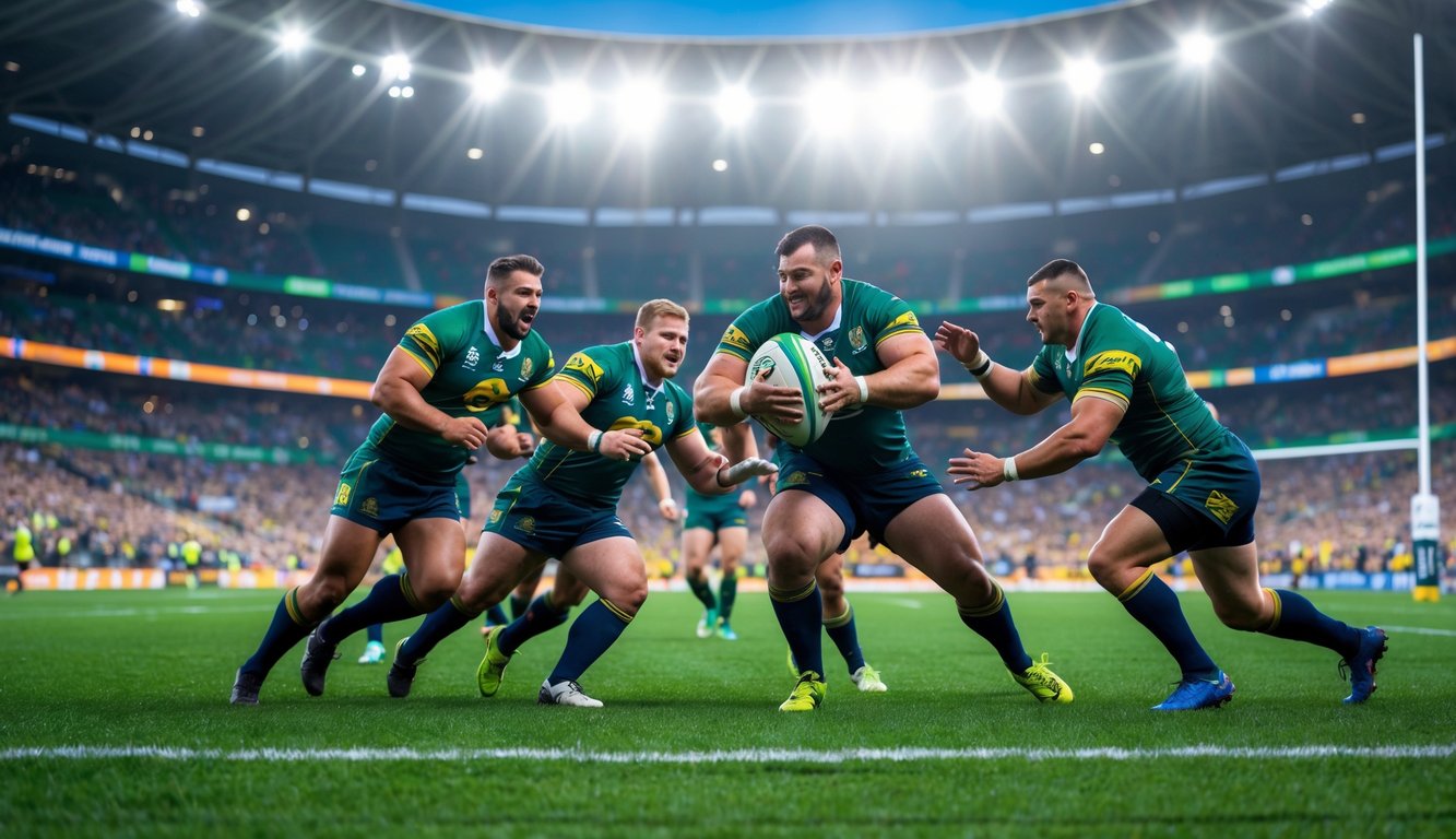 Pertandingan rugby yang intens di stadion besar dengan pemain yang sedang beraksi dan penonton yang antusias.
