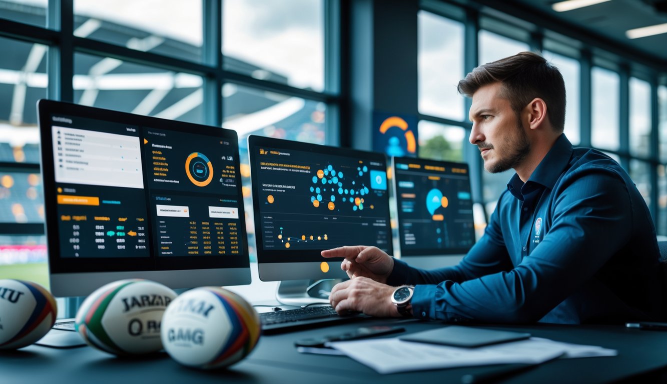 Seorang profesional sedang menganalisis statistik pertandingan rugby di kantor modern dengan layar digital dan bola rugby di sekitarnya.