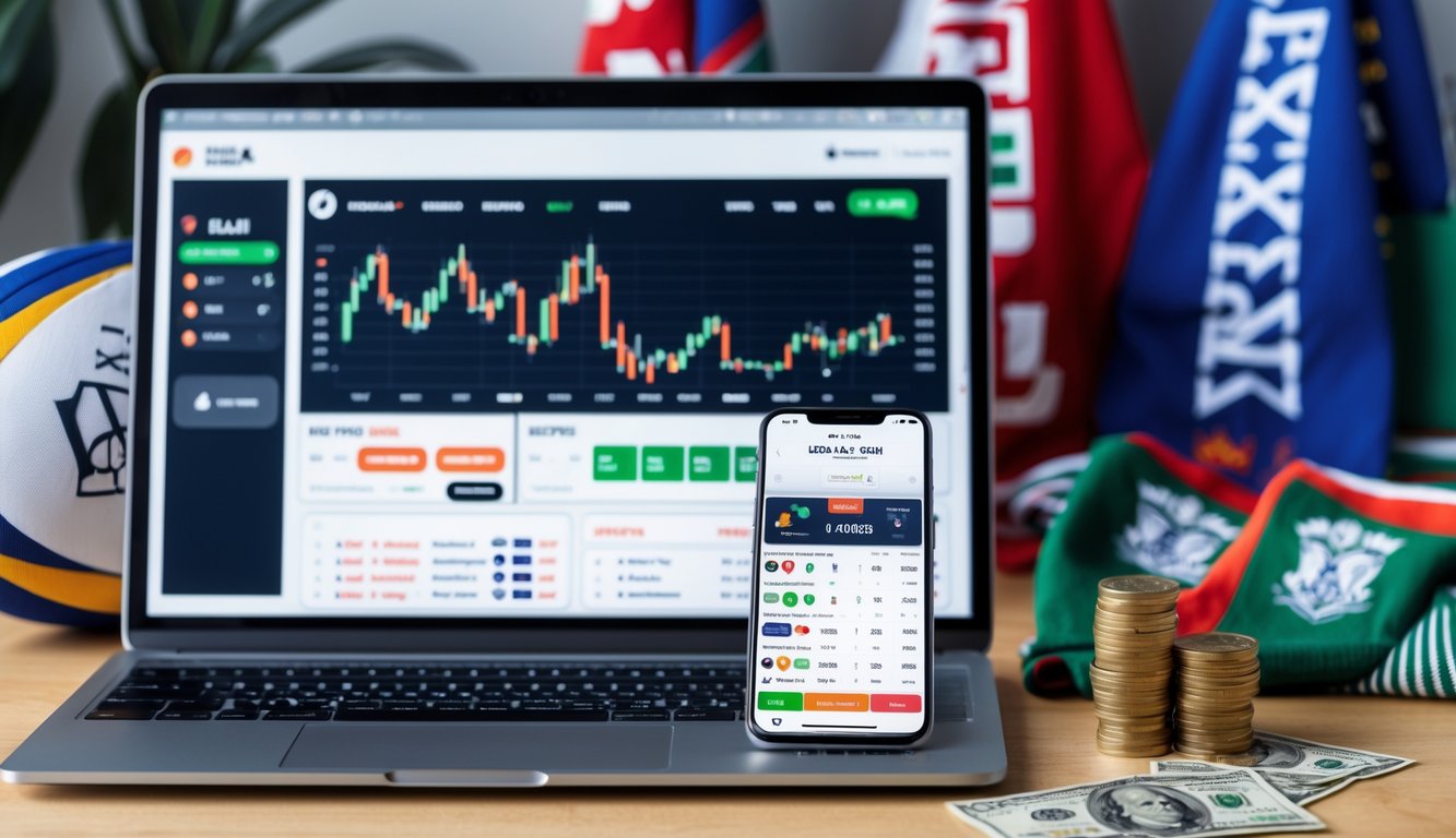 Meja kerja dengan laptop dan ponsel yang menampilkan situs taruhan rugby, dengan bola rugby dan uang di sekitar meja.