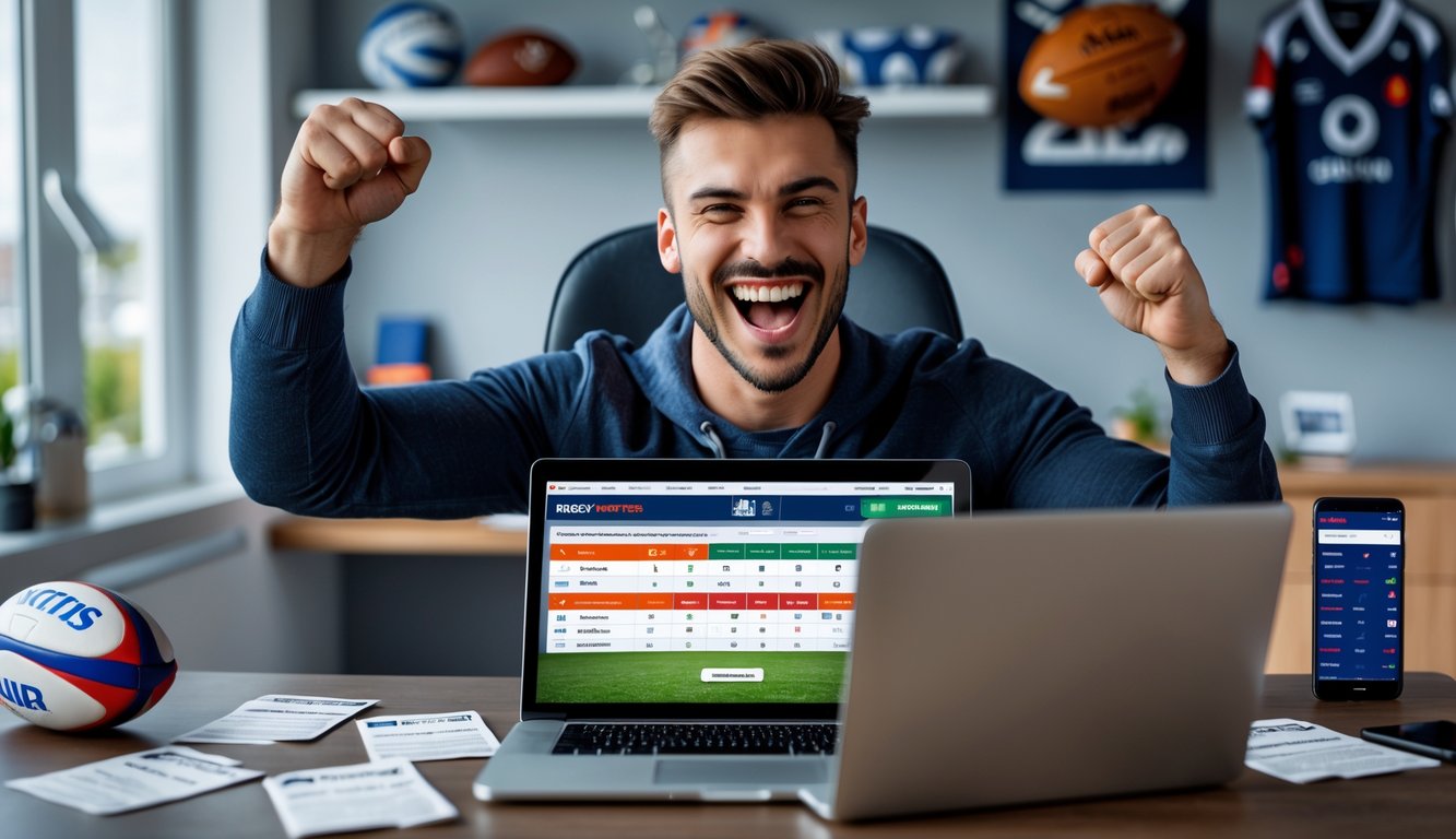 Seorang pria muda tersenyum dan mengangkat tinju di depan laptop yang menampilkan pertandingan rugby, di sebuah ruang kerja rumah yang rapi dengan perlengkapan olahraga rugby di sekitar.