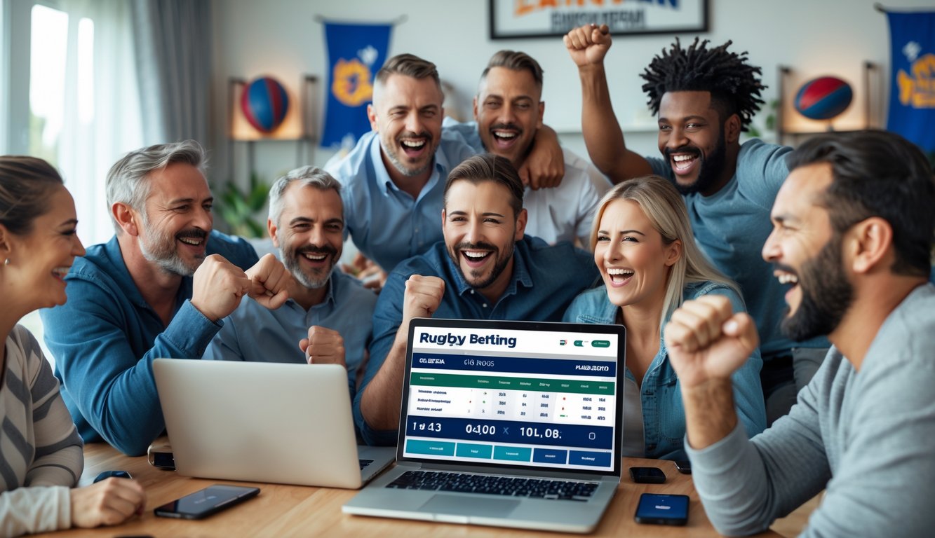 Sekelompok orang sedang merayakan kemenangan taruhan rugby di ruang tamu dengan laptop dan ponsel.