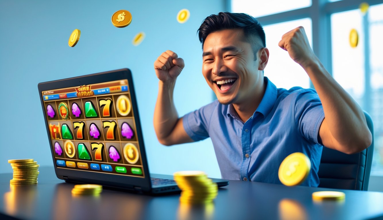 Seorang pria Asia Tenggara duduk di depan laptop dengan ekspresi senang dan mengangkat kedua tinju, menunjukkan kegembiraan setelah menang dalam permainan slot online.