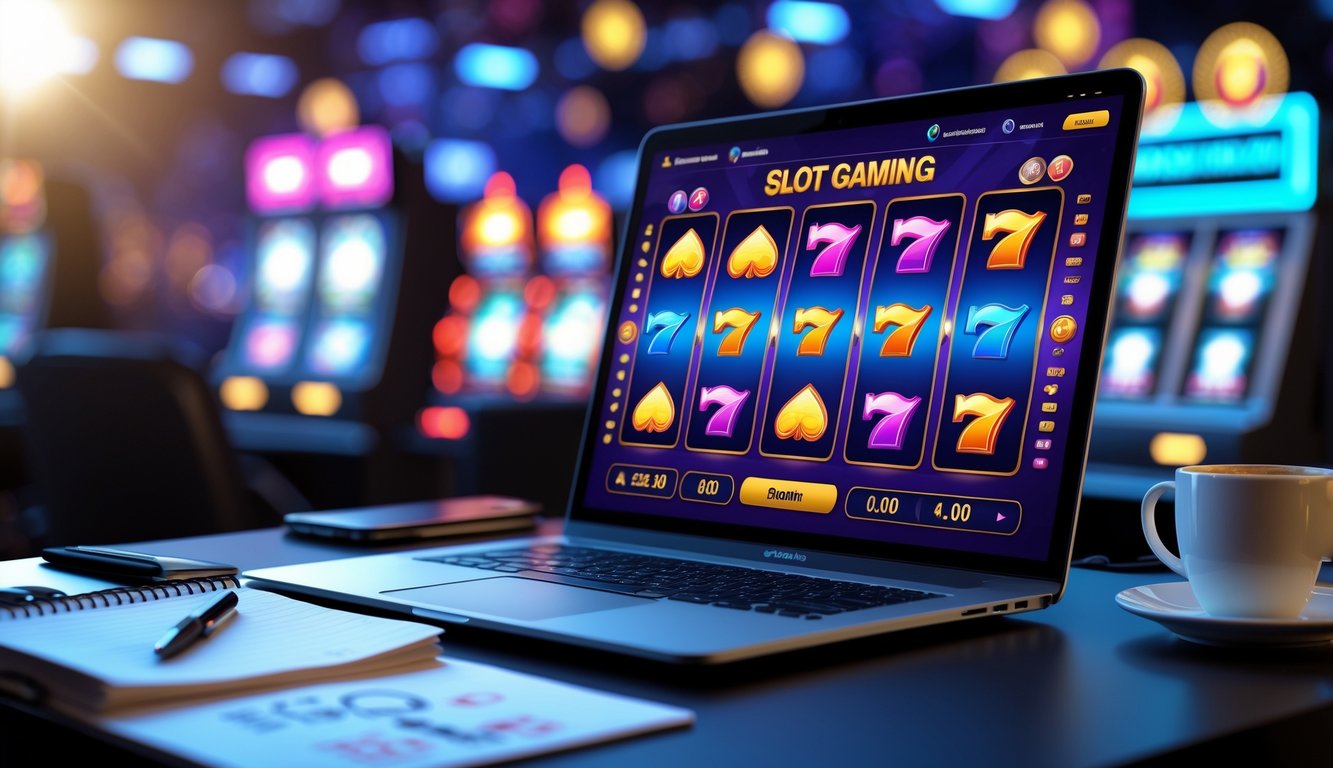 Seorang pemain menggunakan laptop dengan tampilan mesin slot warna-warni di meja kerja yang rapi dengan catatan strategi dan secangkir kopi.
