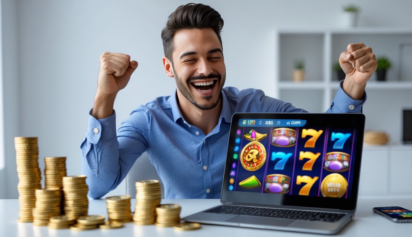 Seorang pria sedang merayakan kemenangan besar saat bermain permainan slot online di laptop di dalam ruangan modern.