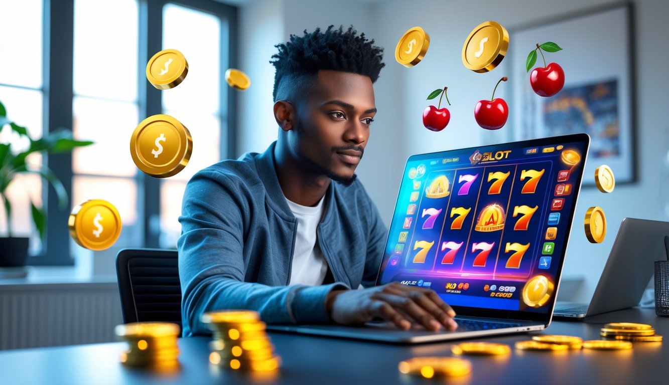 Seorang dewasa muda yang percaya diri duduk di meja modern menggunakan laptop dengan tampilan permainan slot online, dikelilingi ikon simbol mesin slot dan elemen keamanan digital.