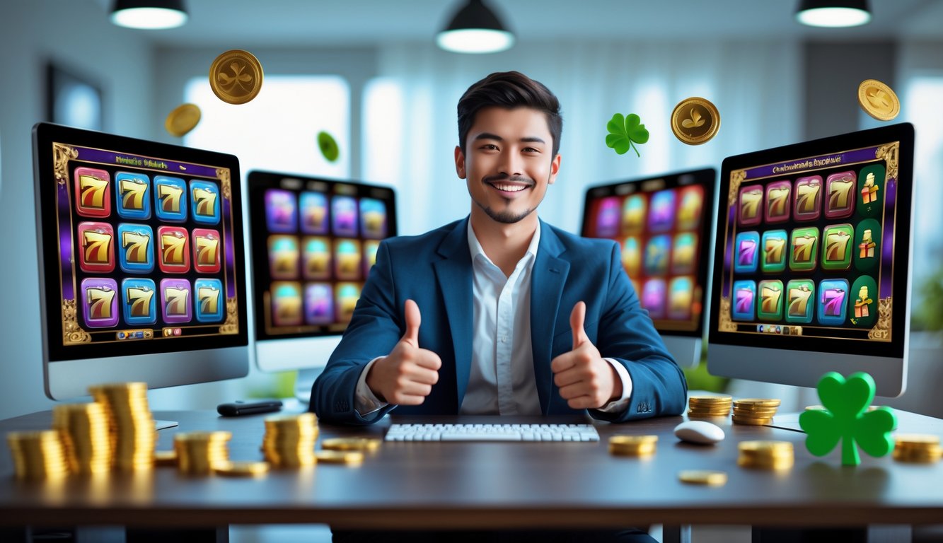 Seorang dewasa muda duduk di meja dengan beberapa layar komputer menampilkan permainan slot, tersenyum dan mengacungkan jempol di ruang kerja modern yang terang.