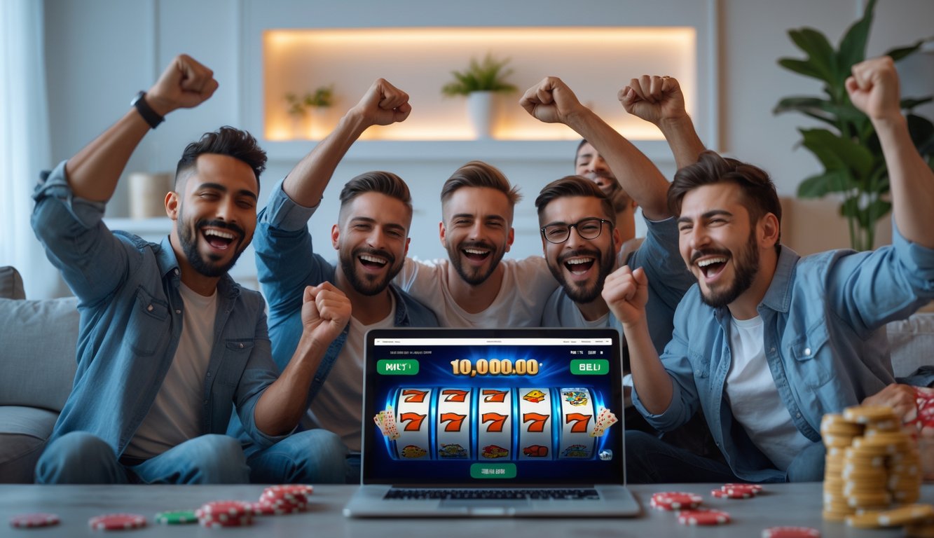 Sekelompok pria sedang merayakan kemenangan besar dalam permainan slot online di ruang tamu modern.