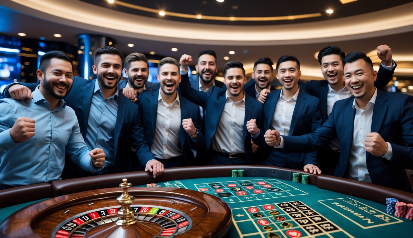 Sekelompok pria merayakan kemenangan besar di meja roulette di kasino.