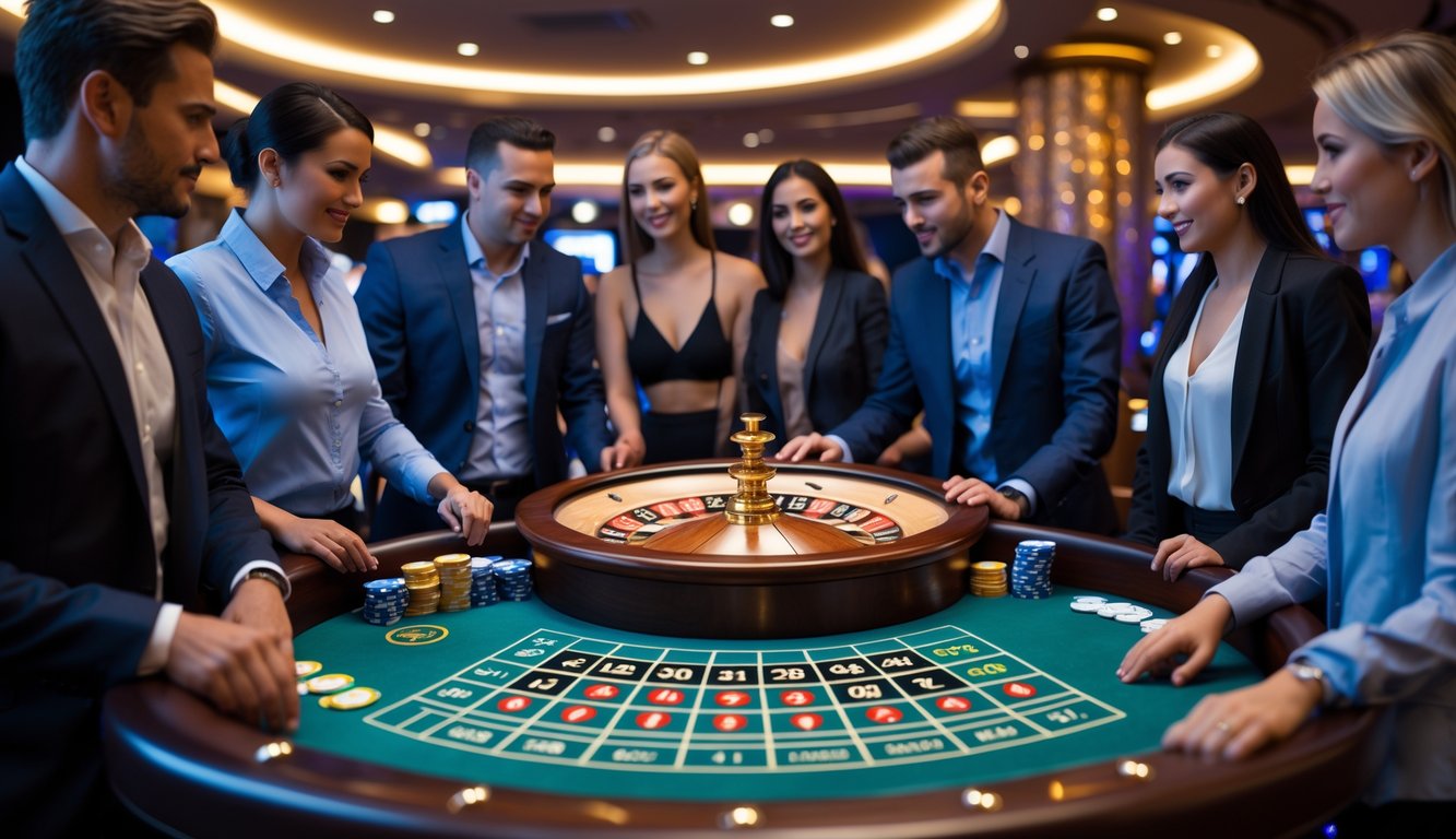 Meja roulette di kasino dengan pemain yang fokus dan suasana yang mewah.