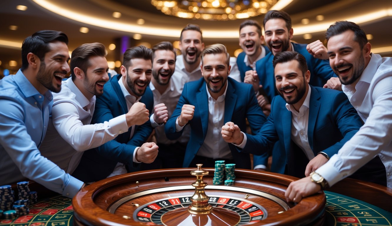 Sekelompok pria merayakan kemenangan besar di meja roulette di kasino mewah.