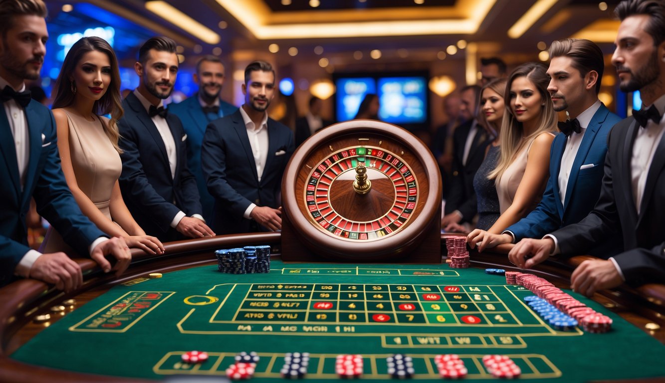 Meja roulette dengan pemain yang serius di kasino mewah dengan efek petir di sekitar roda roulette.
