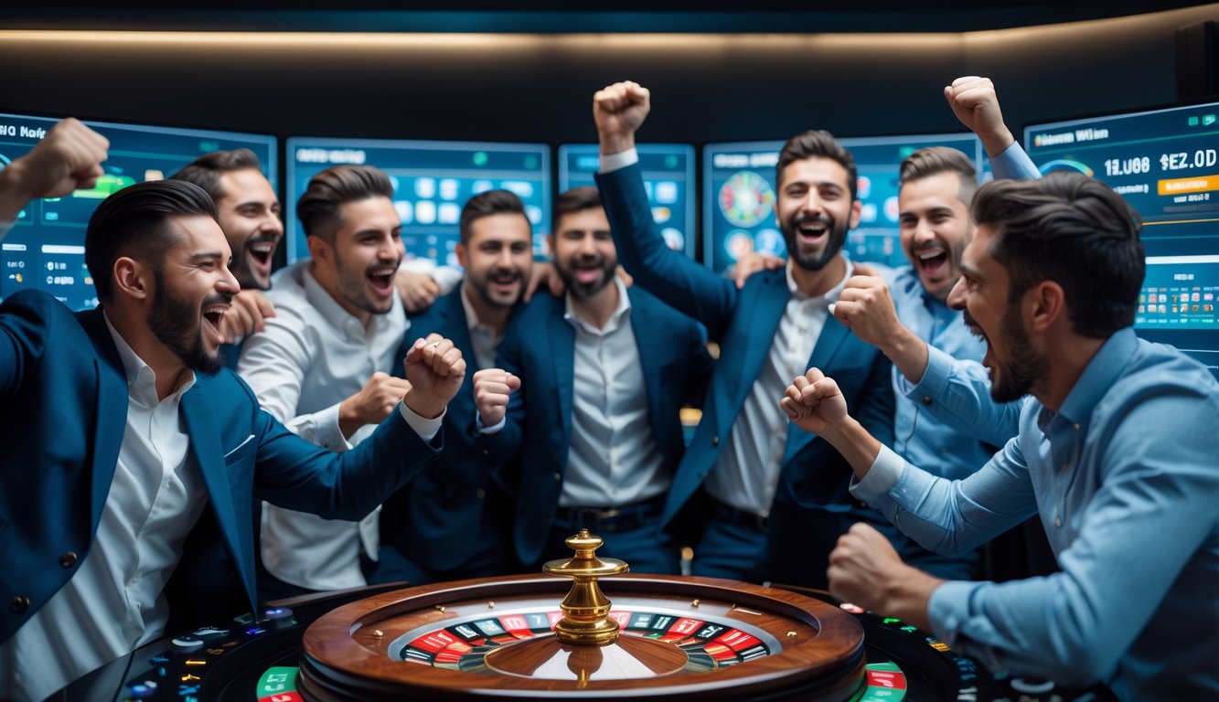 Sekelompok pria merayakan kemenangan besar saat bermain roulette online di sebuah ruangan modern.