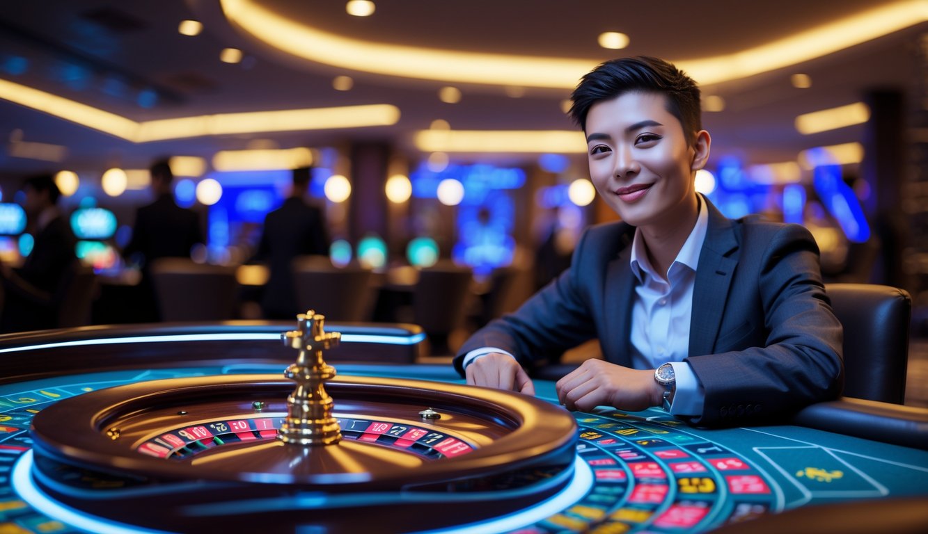 Seorang pemain duduk di meja roulette dengan latar kasino modern dan lampu terang, tampak percaya diri dan fokus.