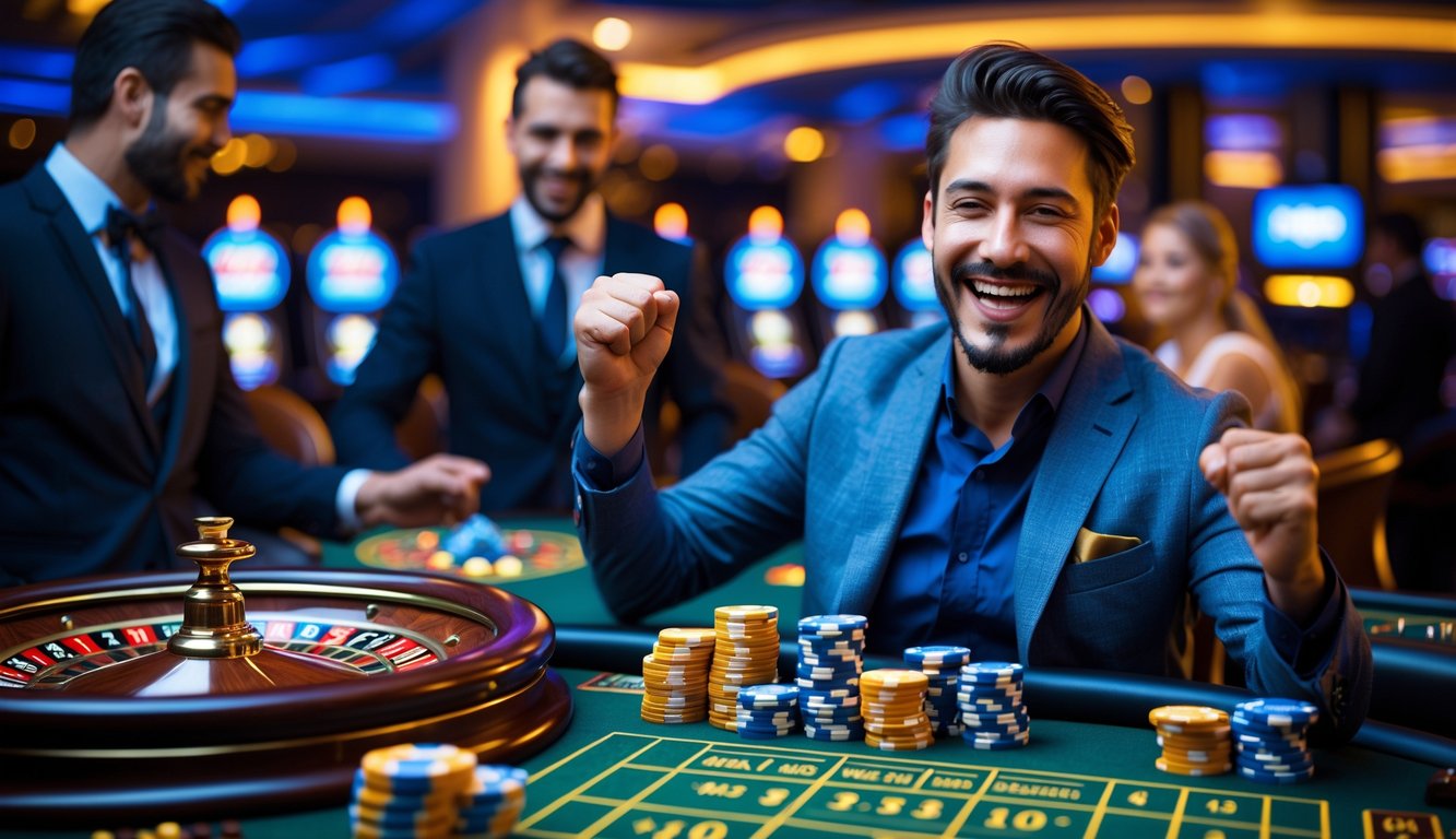 Seorang pria tersenyum dan merayakan kemenangan di meja roulette dengan dealer langsung di kasino.